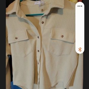 Tan button down womens blouse md corduroy.